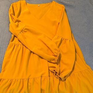Amazon Women's Mustard Yellow Tiered V-Neck Long Sleeve Dress